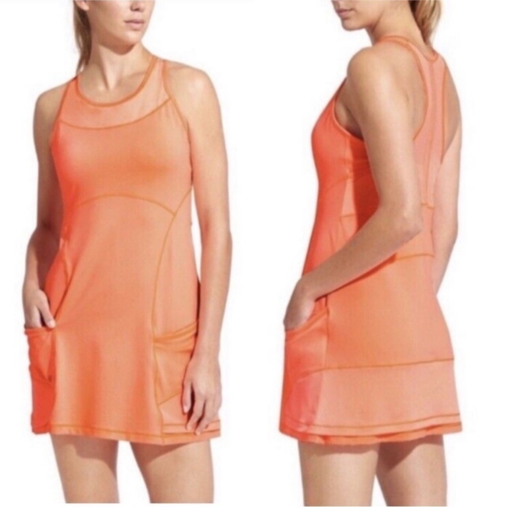 Athleta Deuce Court Tennis Dress Melon Shock Built In Bra Sheer XS Coral Orange